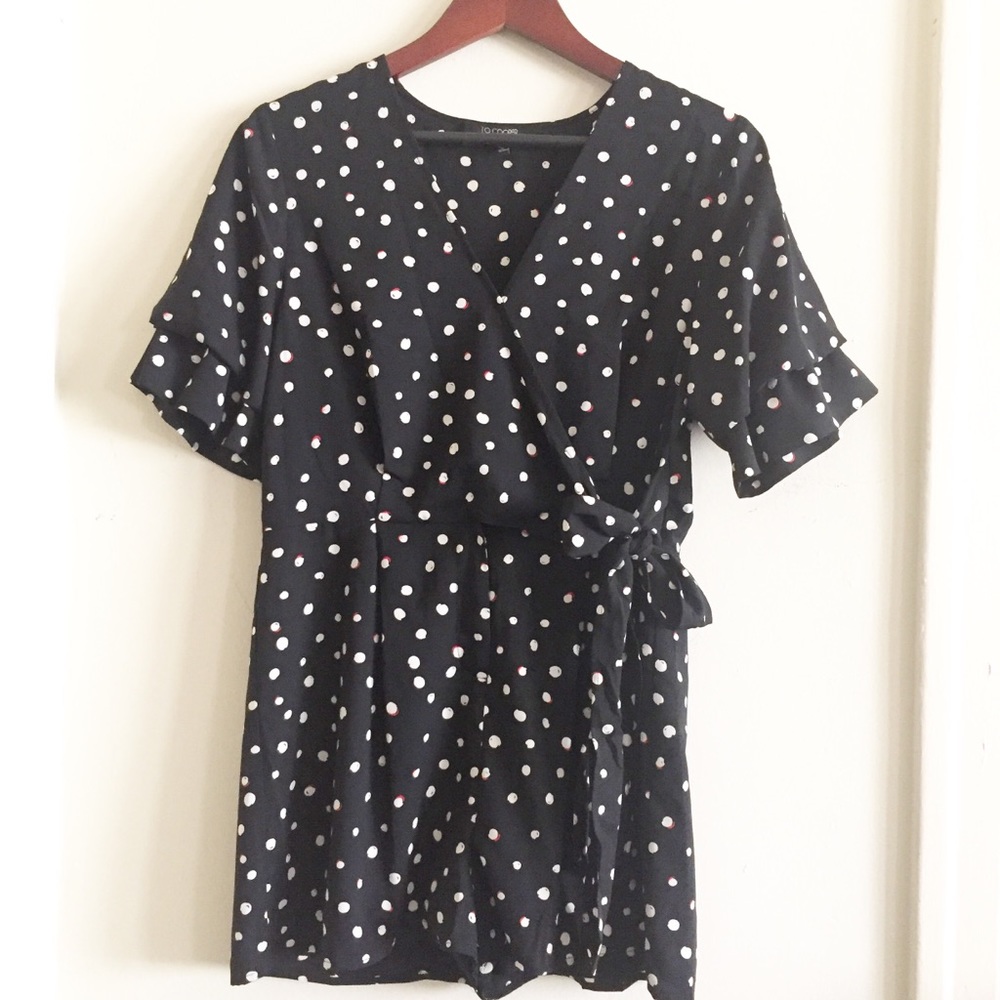 19 Cooper Black Polka Dot Wrap Romper